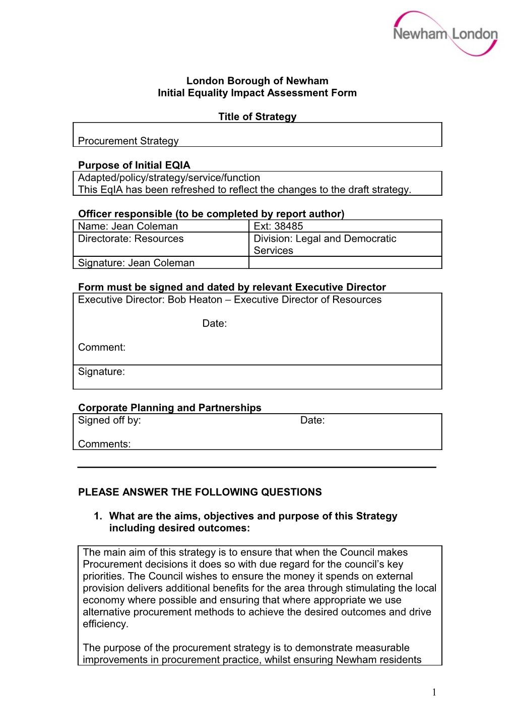 Initial Equality Impact Assessment Form
