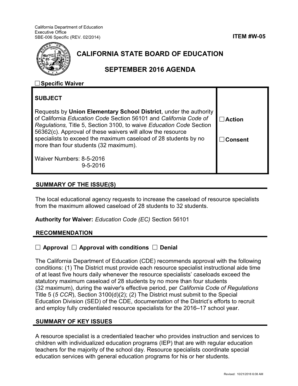 September 2016 Waiver Item W-05 - Meeting Agendas (CA State Board of Education)