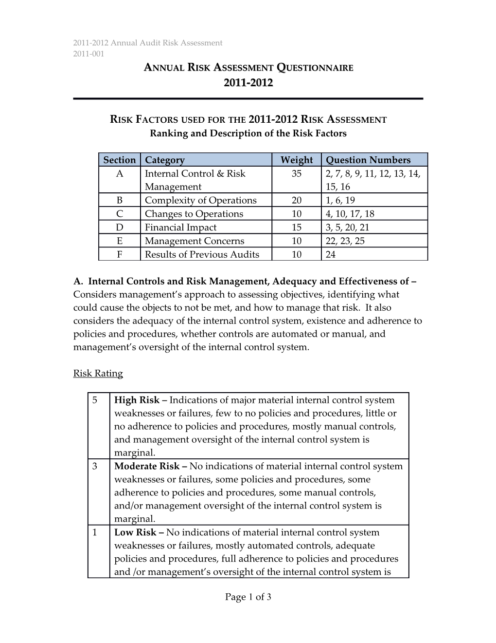 Risk Factors Used for the 2011-2012 Risk Assessment