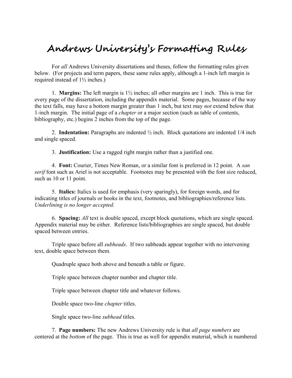 Andrews University S Formatting Rules