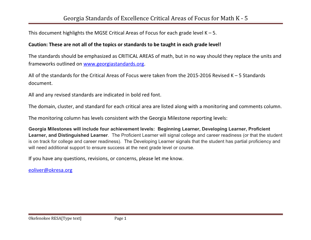 Georgia Standards of Excellence Critical Areas of Focus for Math K - 5