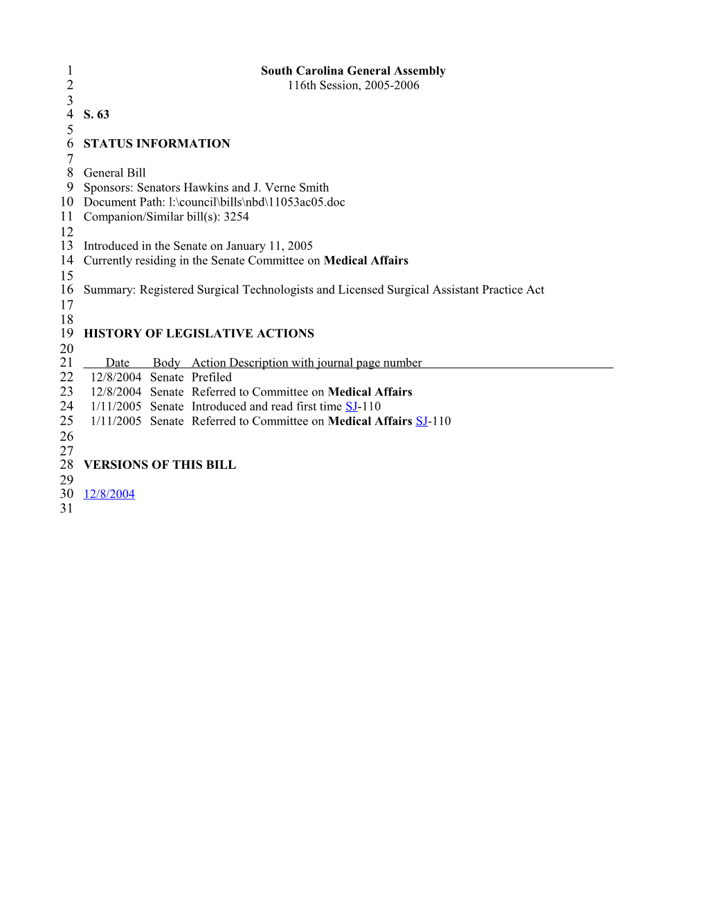 2005-2006 Bill 63: Registered Surgical Technologists and Licensed Surgical Assistant Practice