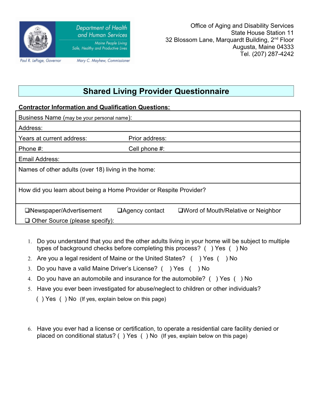Shared Living Provider Questionnaire