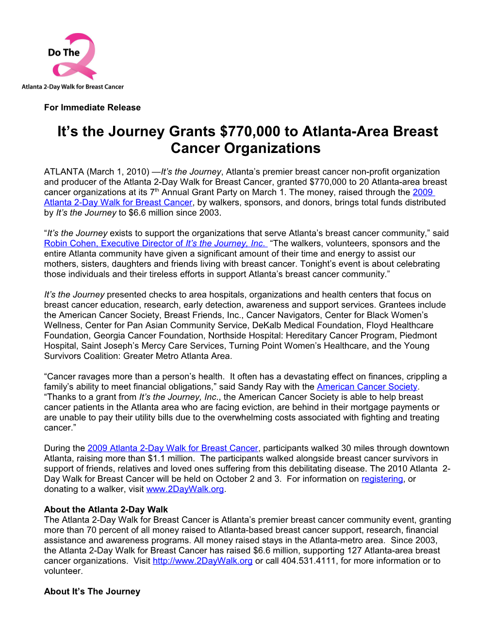 It S the Journey Grants $770,000 to Atlanta-Area Breast Cancer Organizations