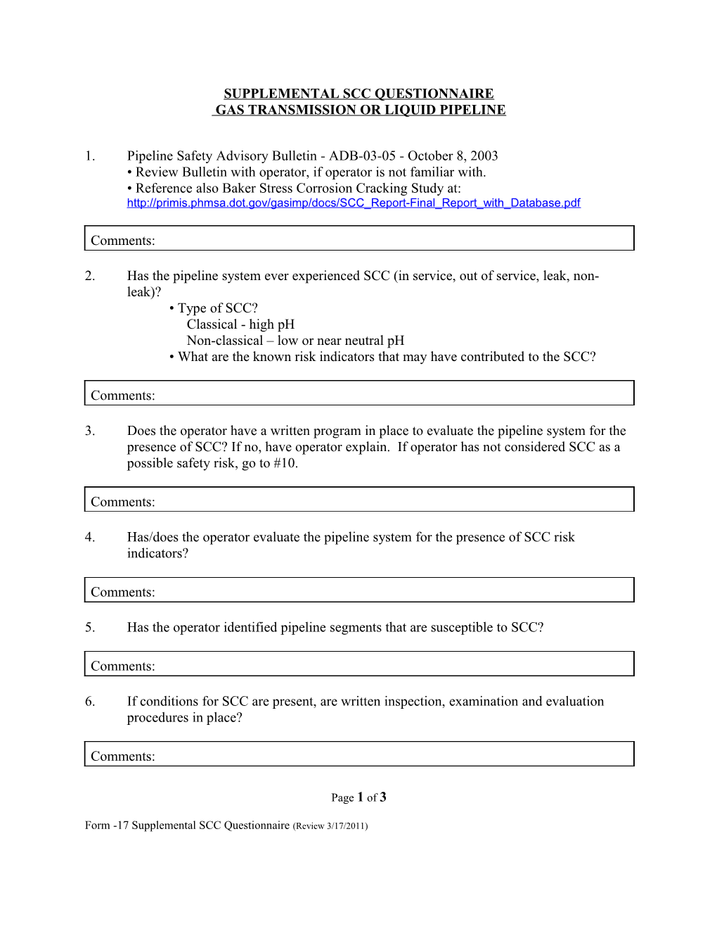 Supplemental Scc Questionaire - Gas Transmission Pipelines