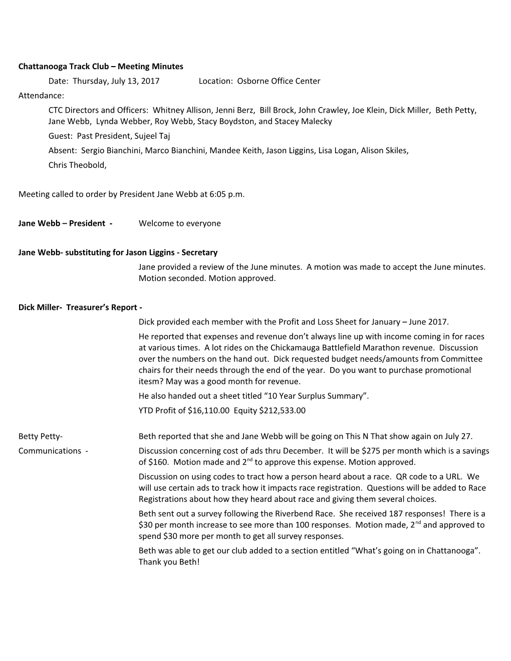 Chattanooga Track Club Meeting Minutes