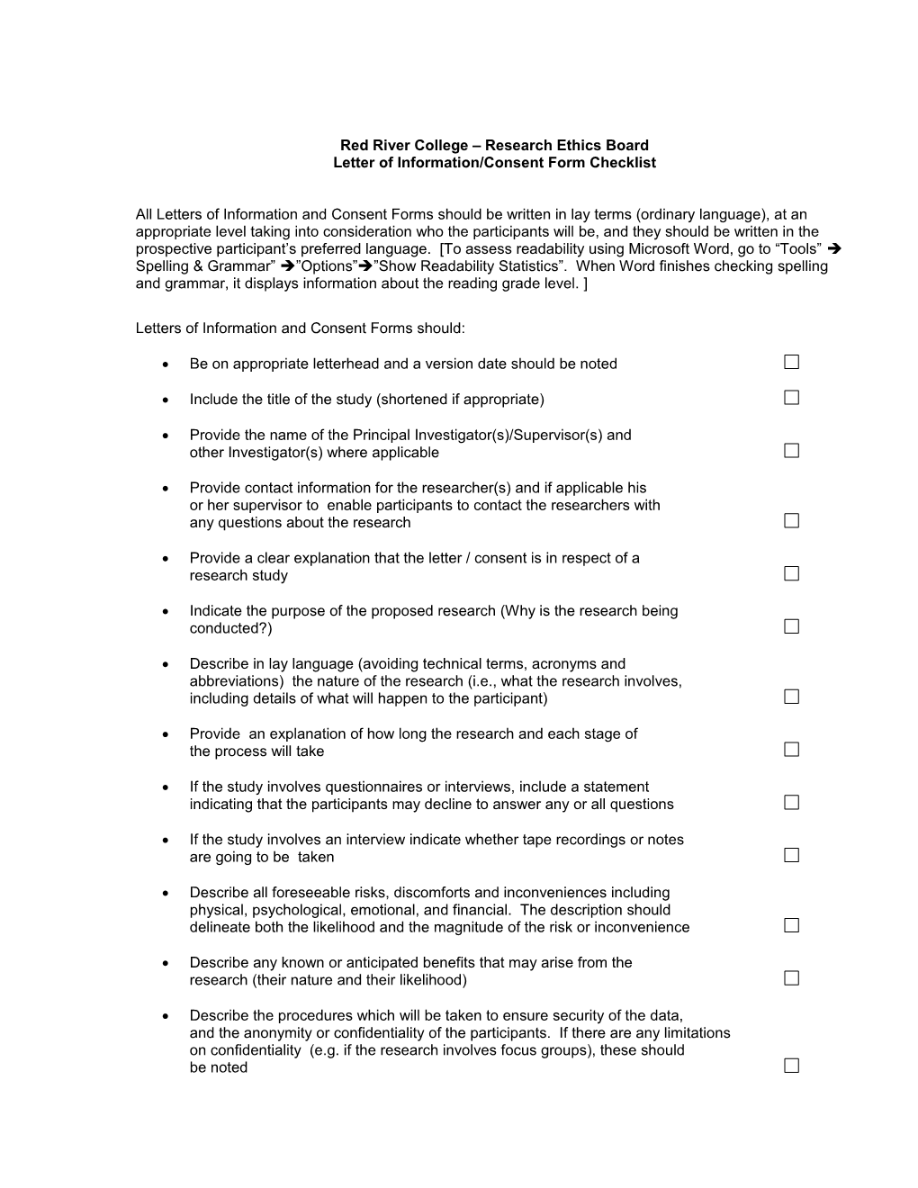 Letter of Information/Consent Form Checklist