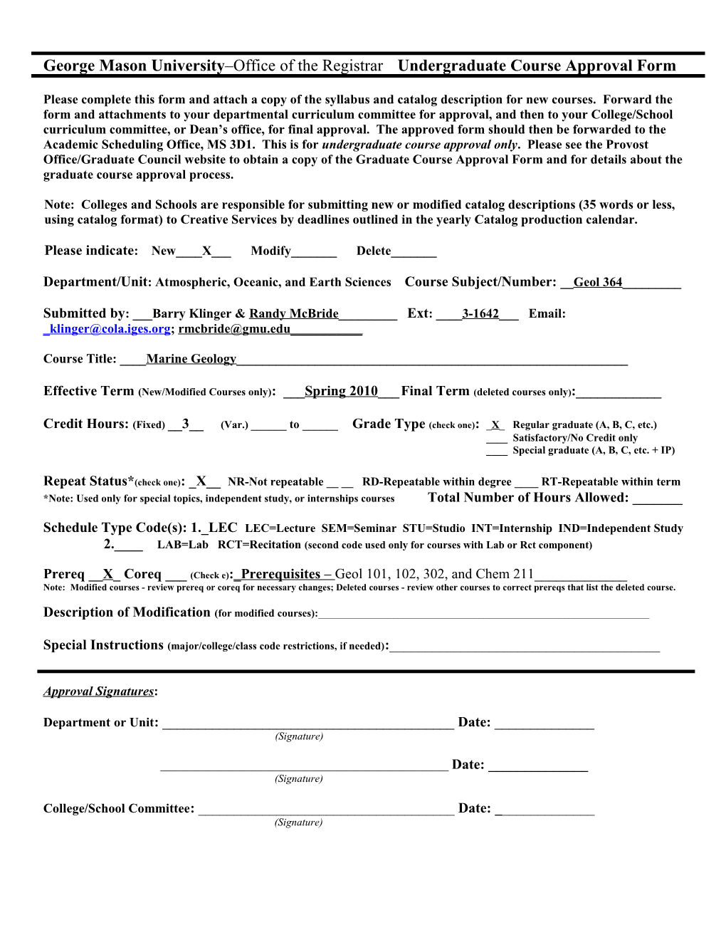 George Mason University Office of the Registrar Undergraduatecourse Approval Form