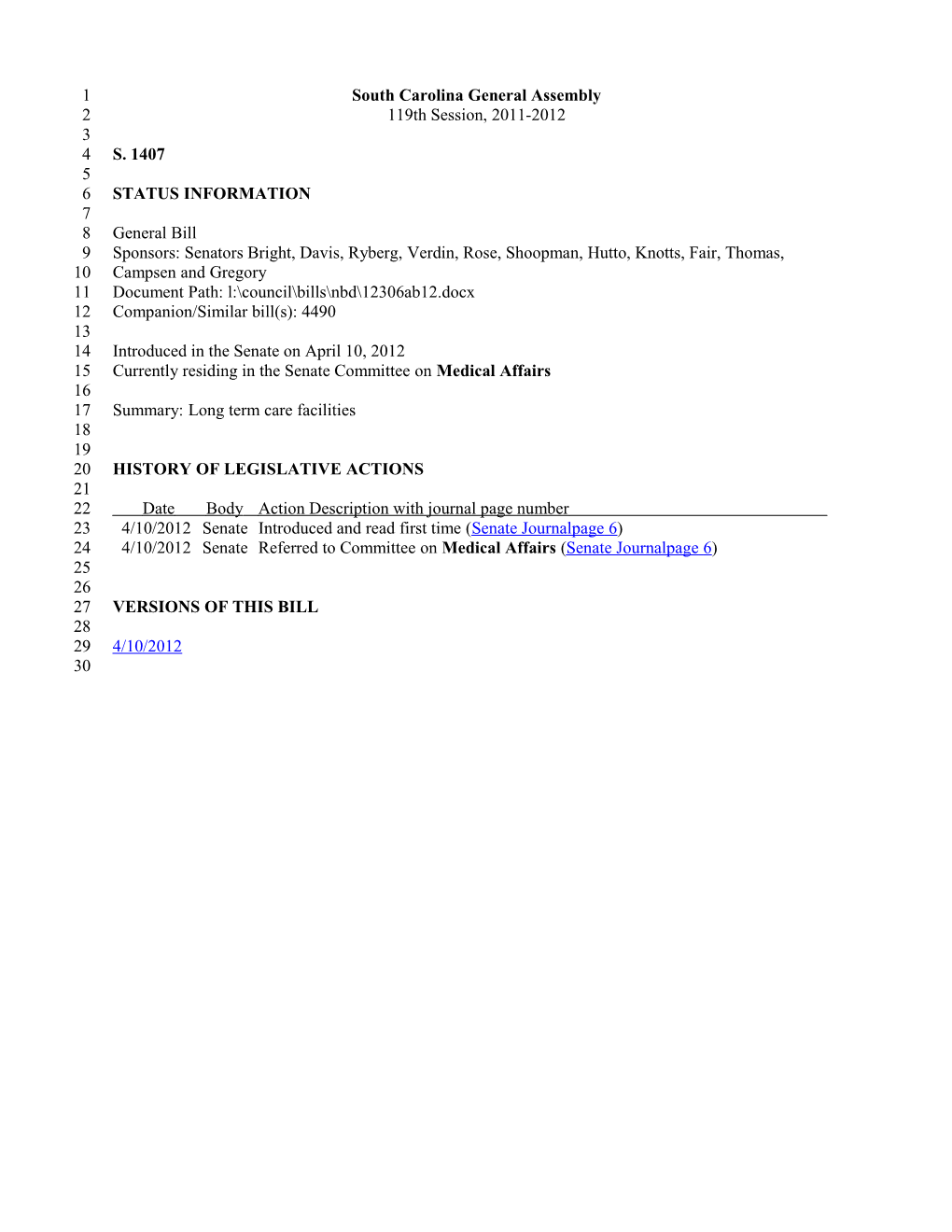 2011-2012 Bill 1407: Long Term Care Facilities - South Carolina Legislature Online