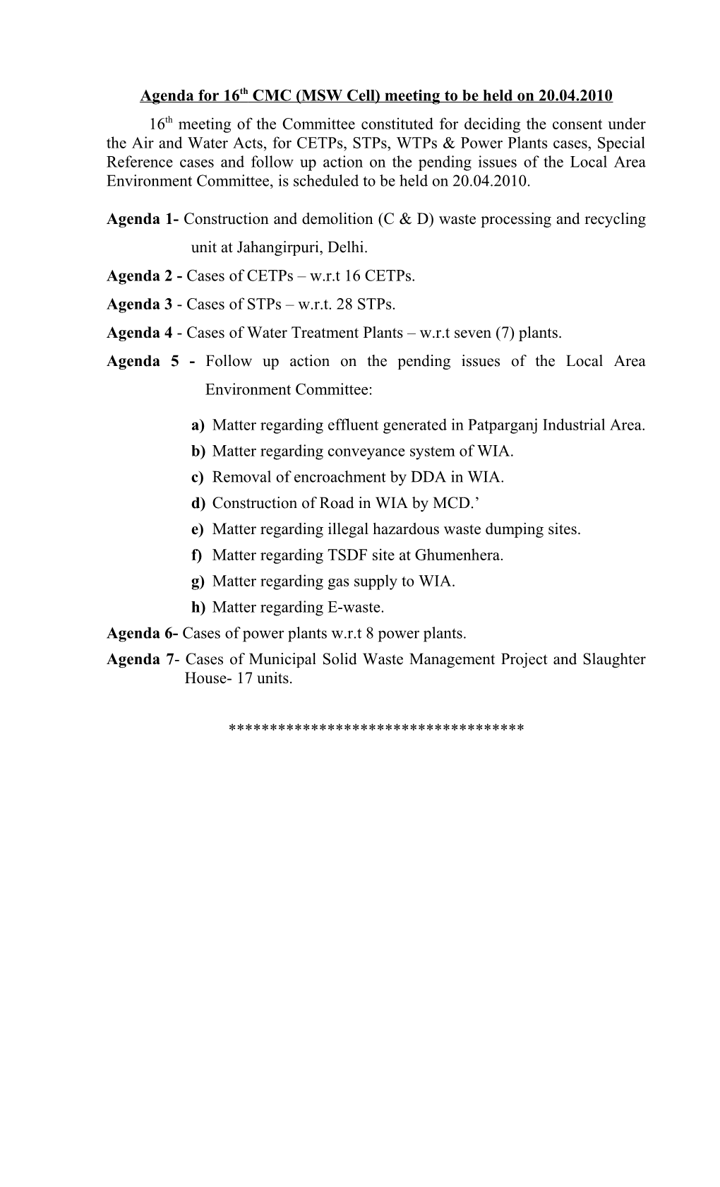 Agenda for 16Thcmc (MSW Cell) Meeting to Be Held on 20.04.2010