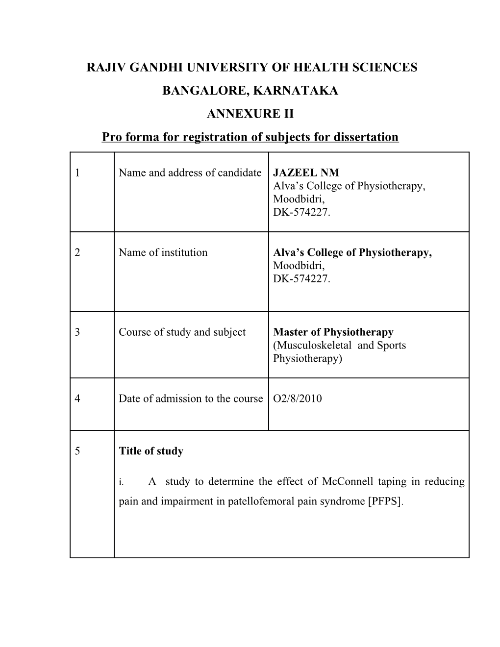 Pro Forma for Registration of Subjects for Dissertation