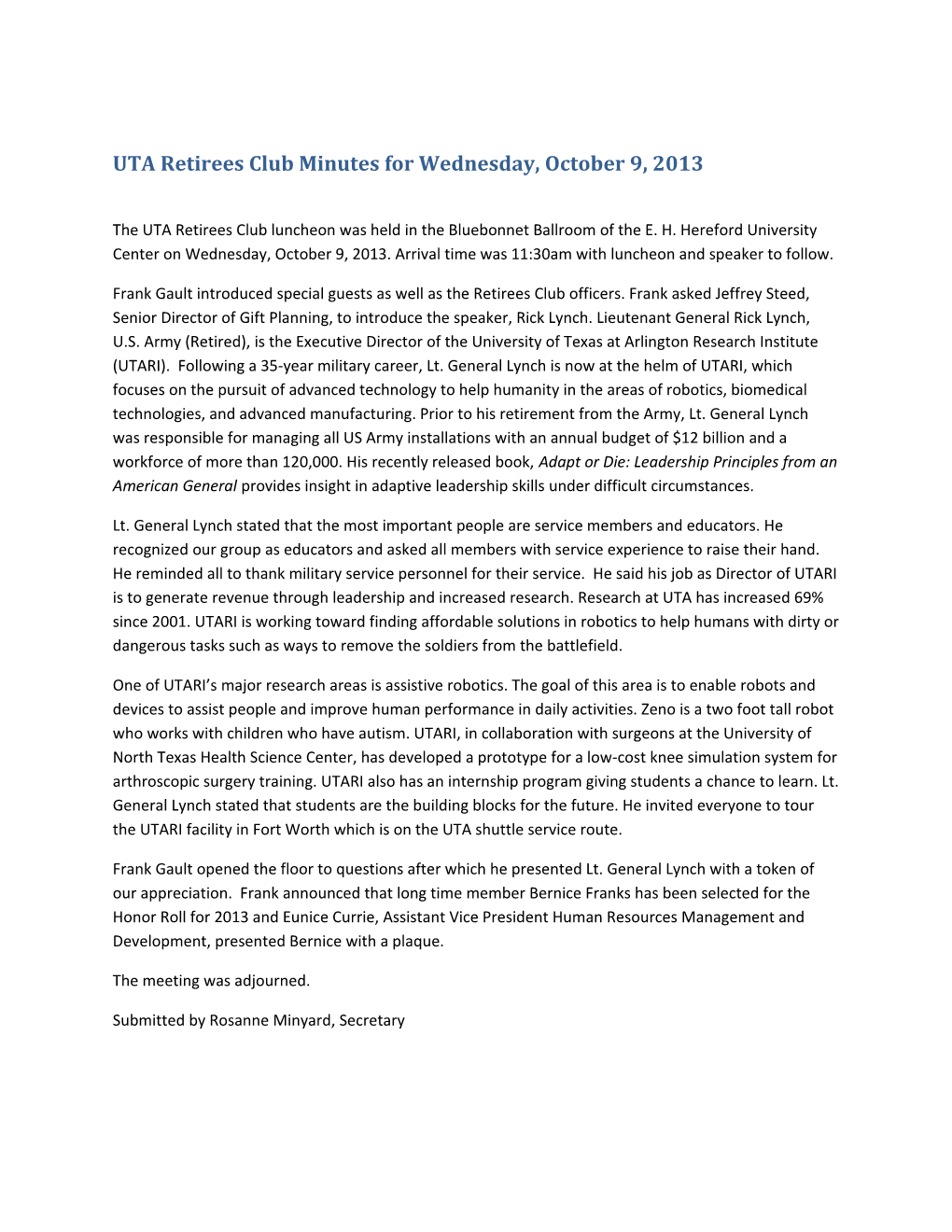 UTA Retirees Club Minutes for Wednesday, October 9, 2013