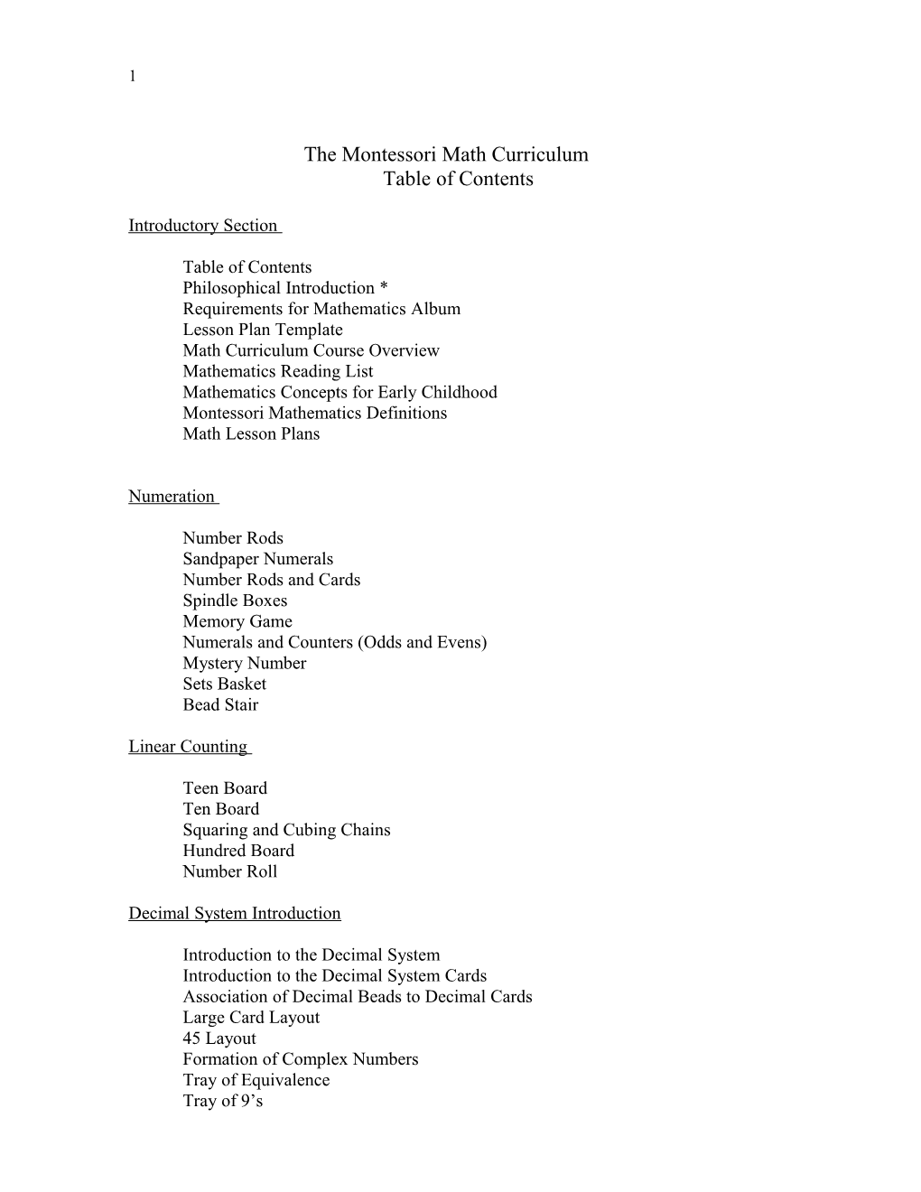 The Montessori Math Curriculum Table of Contents