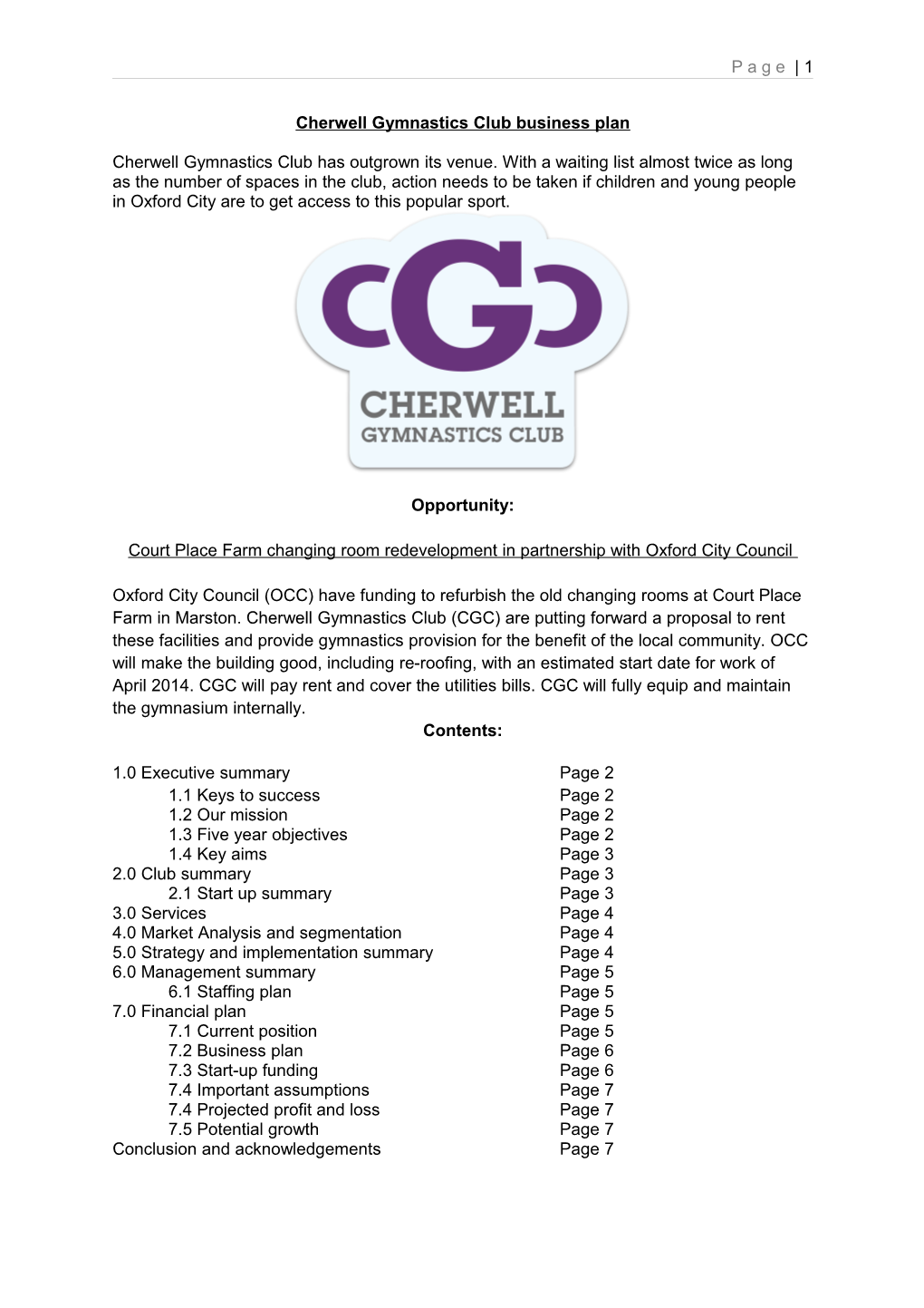 Cherwell Gymnastics Club Business Plan