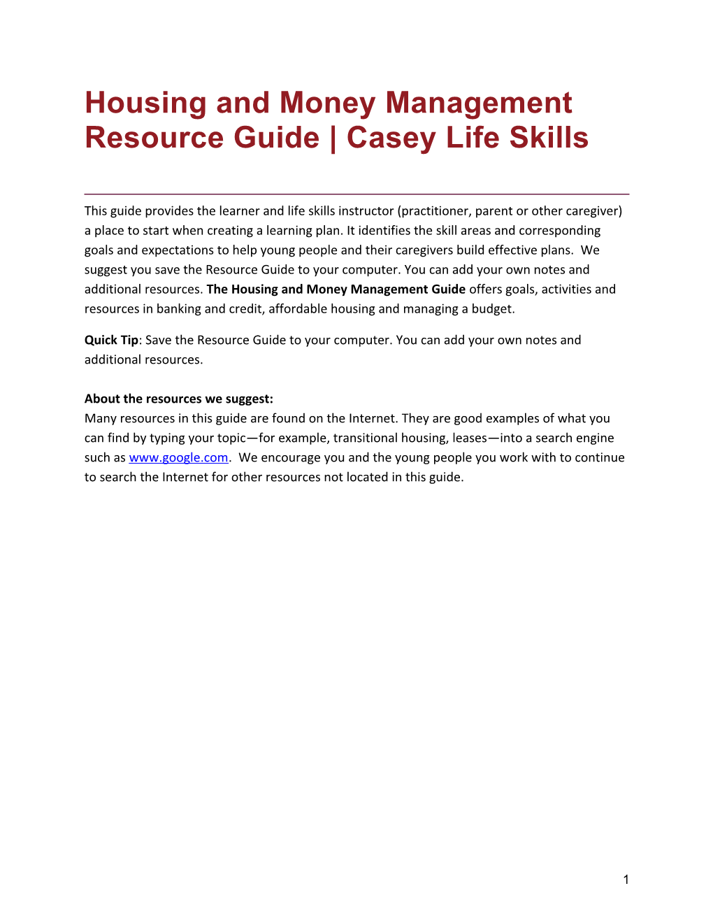 Housing and Money Management Resource Guide Casey Life Skills
