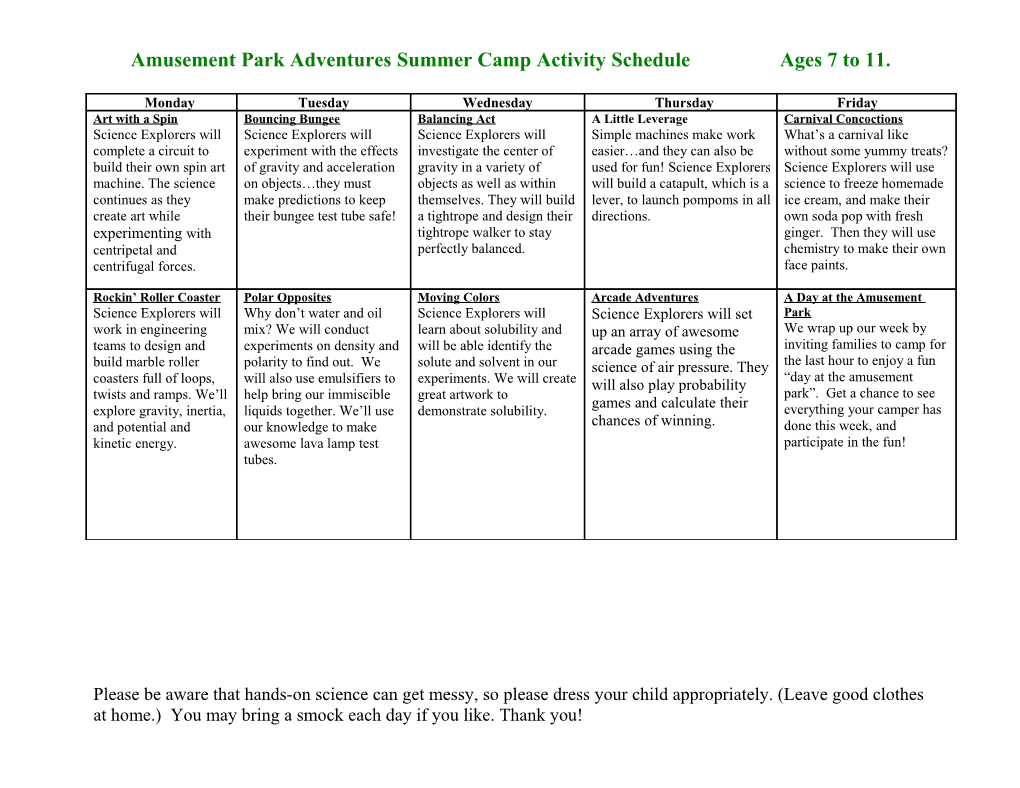 Amusement Park Adventures Summer Camp Activity Scheduleages 7 to 11