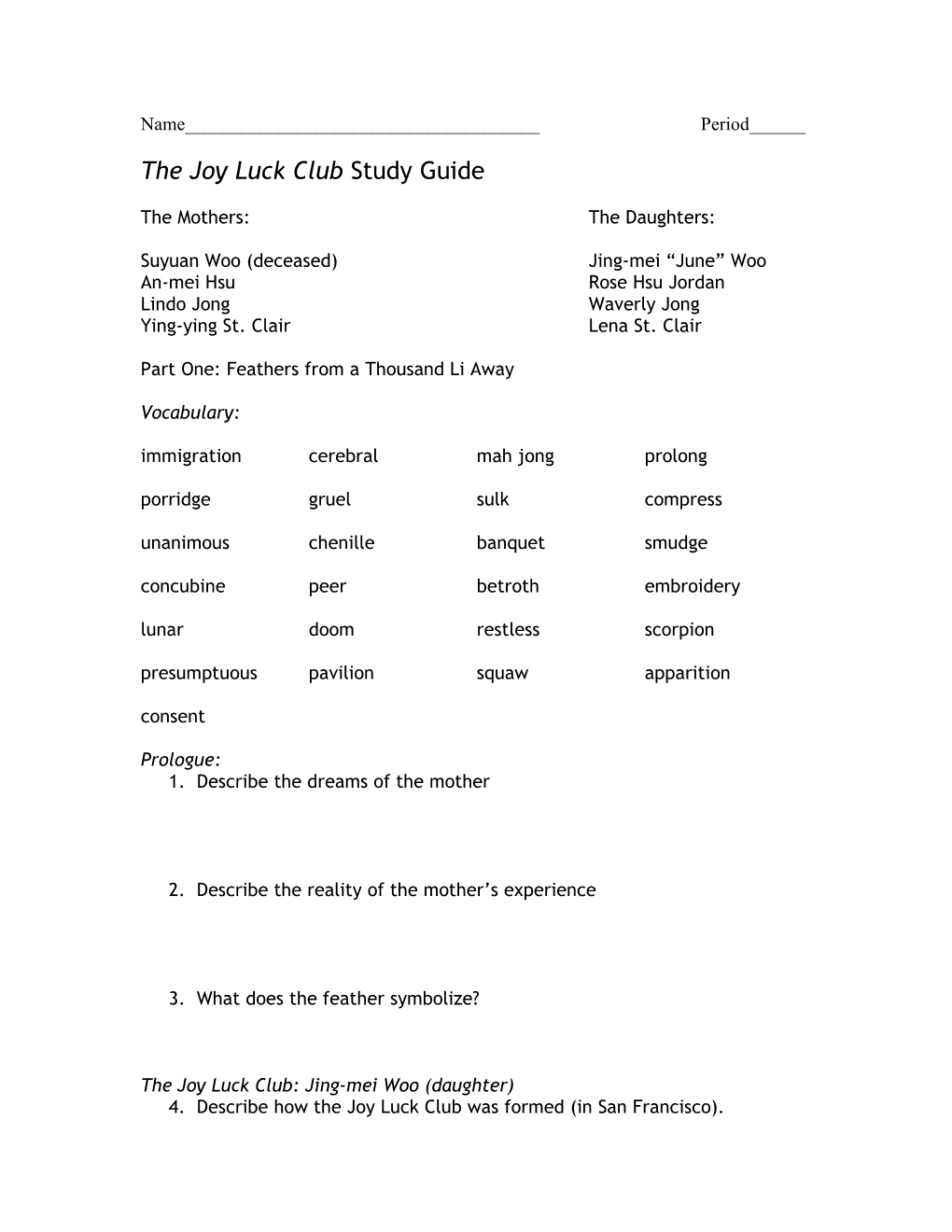 The Joy Luck Club Study Guide