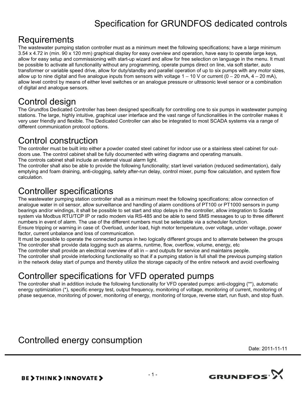 Specification for GRUNDFOS Dedicated Controls