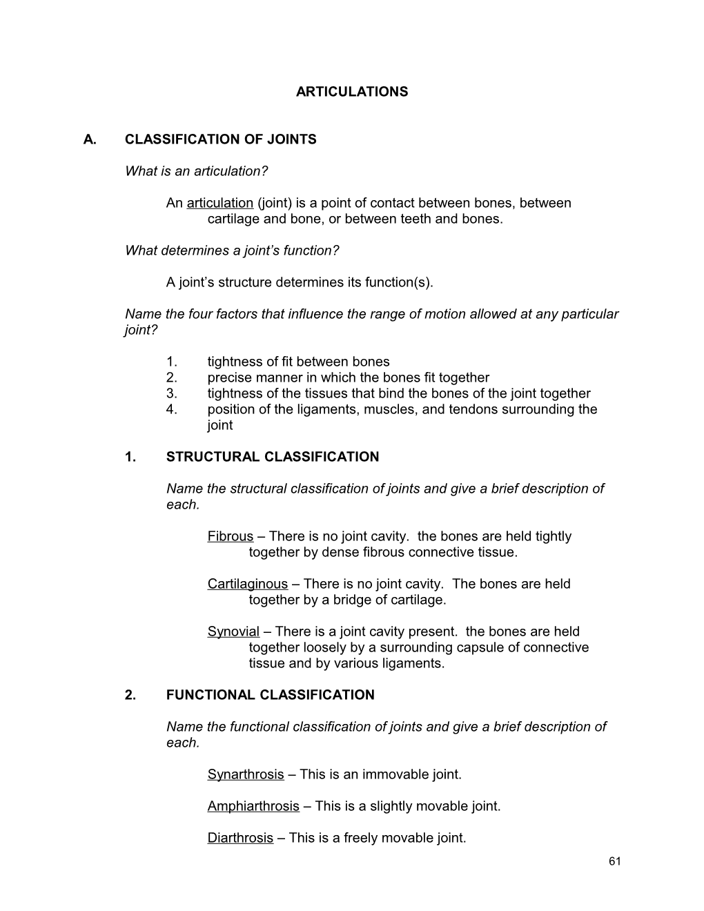 A.Classification of Joints