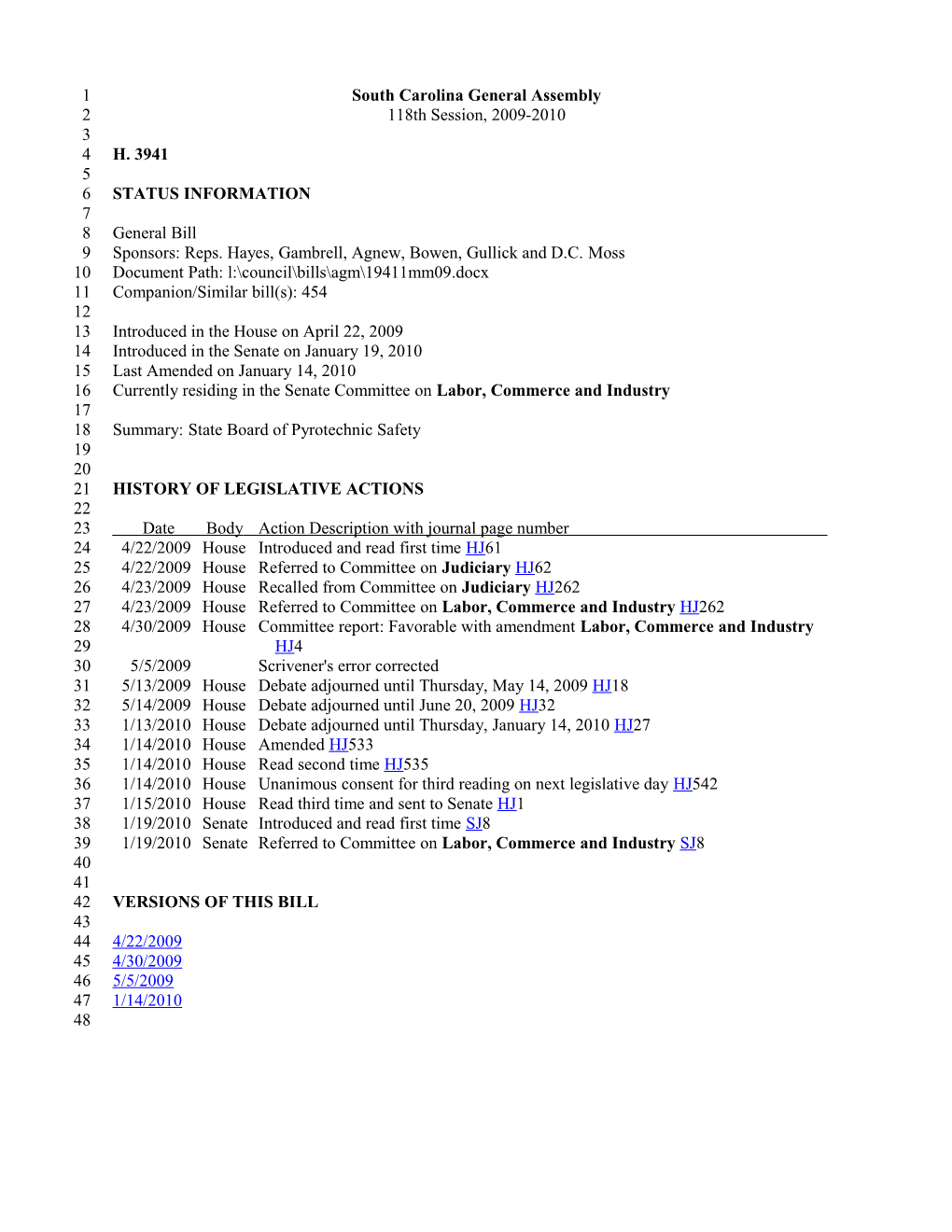 2009-2010 Bill 3941: State Board of Pyrotechnic Safety - South Carolina Legislature Online