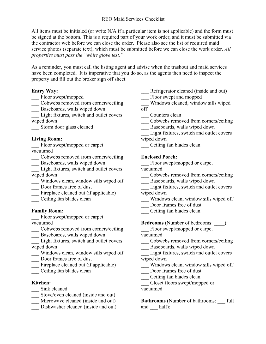 REO Maid Services Checklist