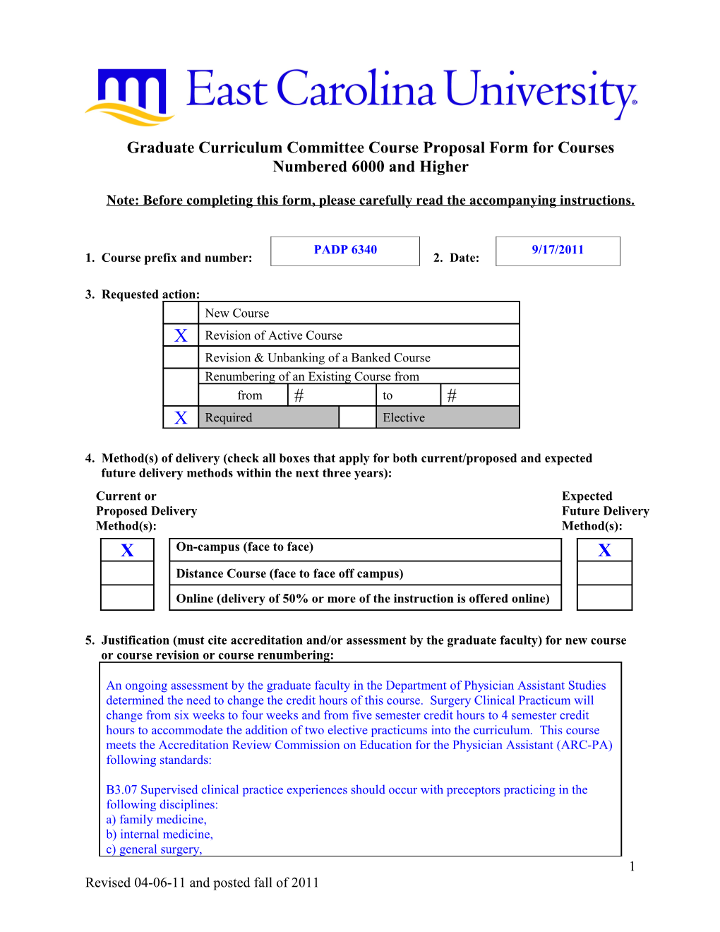 1. Course Prefix and Number: 2. Date