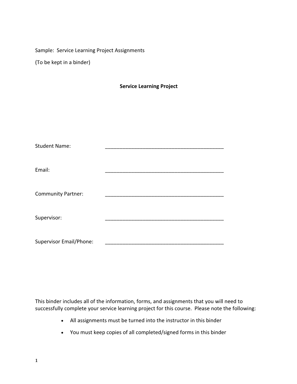 Sample Service Learning Project Assignments