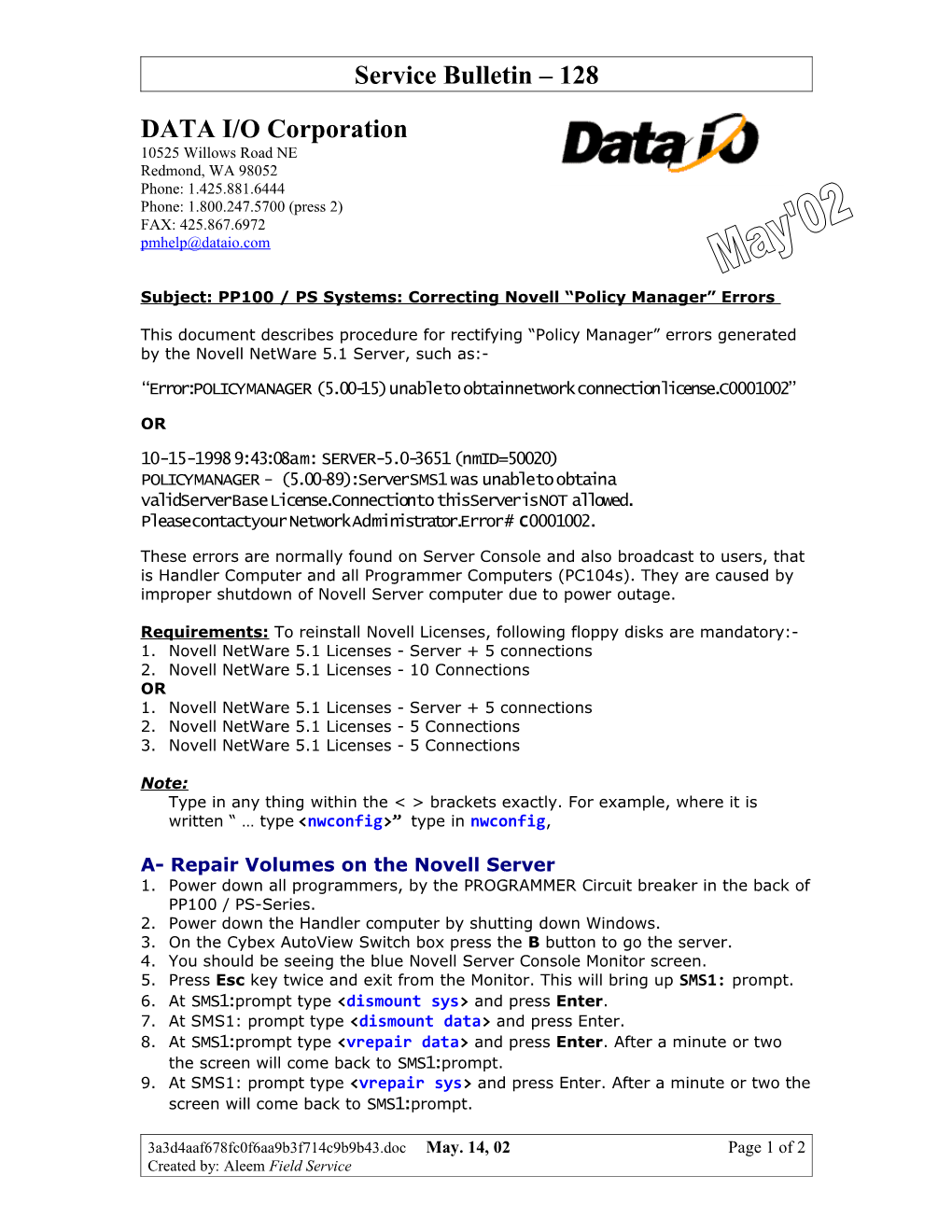 Service Bulletin 128