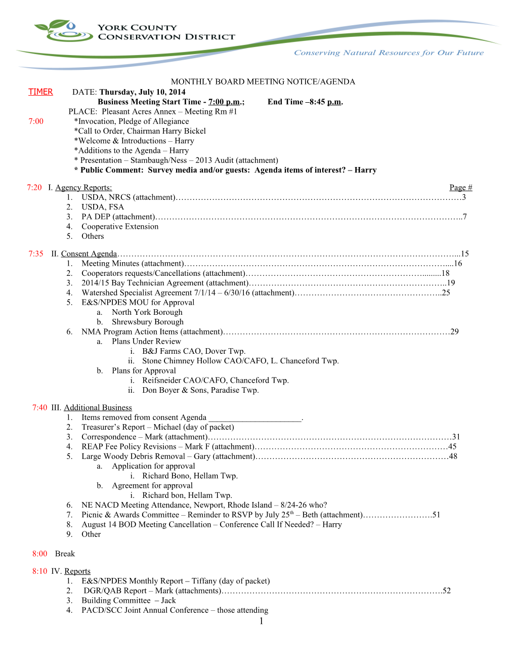 Monthly Board Meeting Notice/Agenda