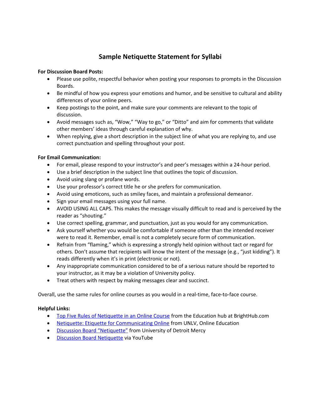 Sample Netiquette Statement for Syllabi