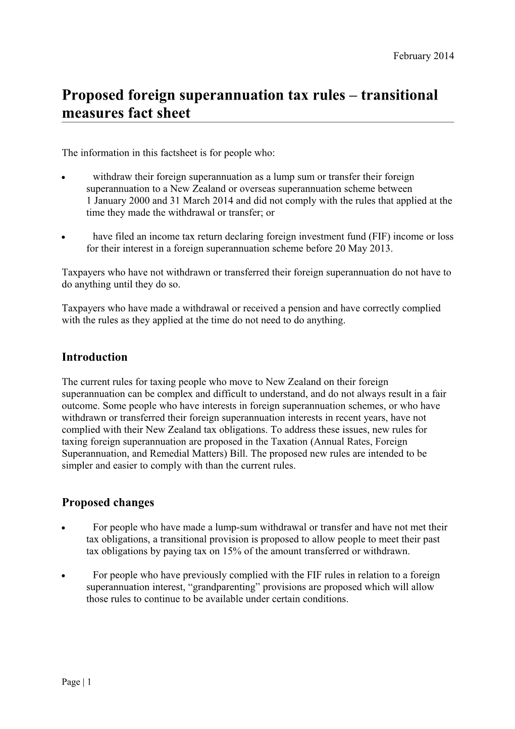 Proposed Foreign Superannuation Tax Rules - Transitional Measures Fact Sheet