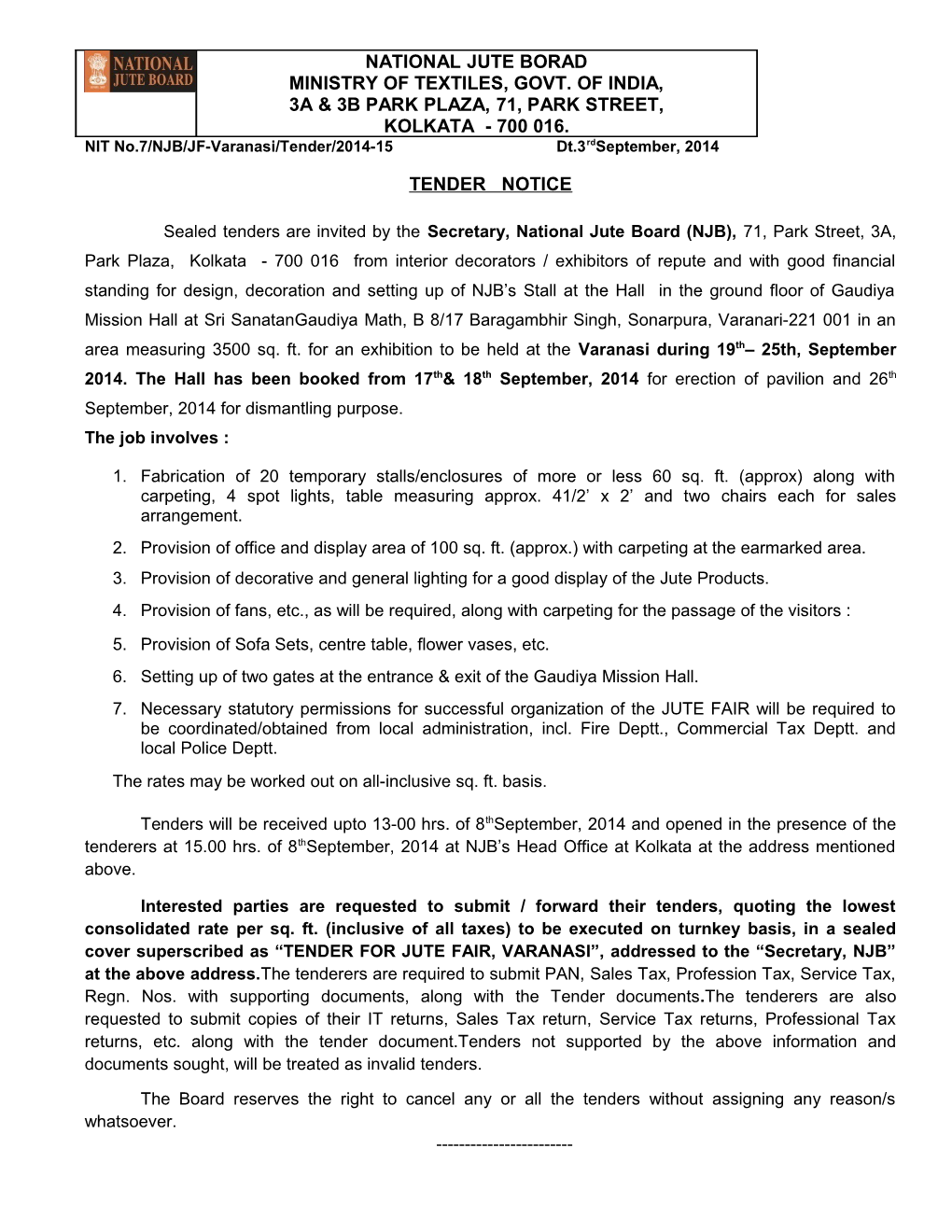 NIT No.7/NJB/JF-Varanasi/Tender/2014-15 Dt.3Rdseptember, 2014