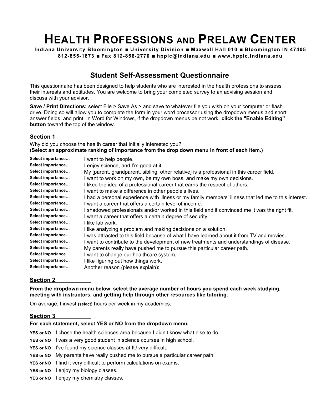 Student Self-Assessment Questionnaire