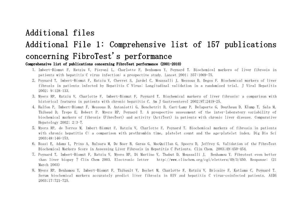 Additional File 1: Comprehensive List of 157 Publications Concerning Fibrotest's Performance