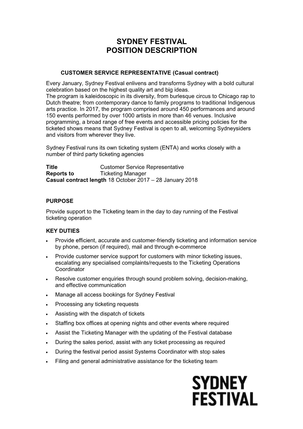 CUSTOMER SERVICE REPRESENTATIVE (Casual Contract)