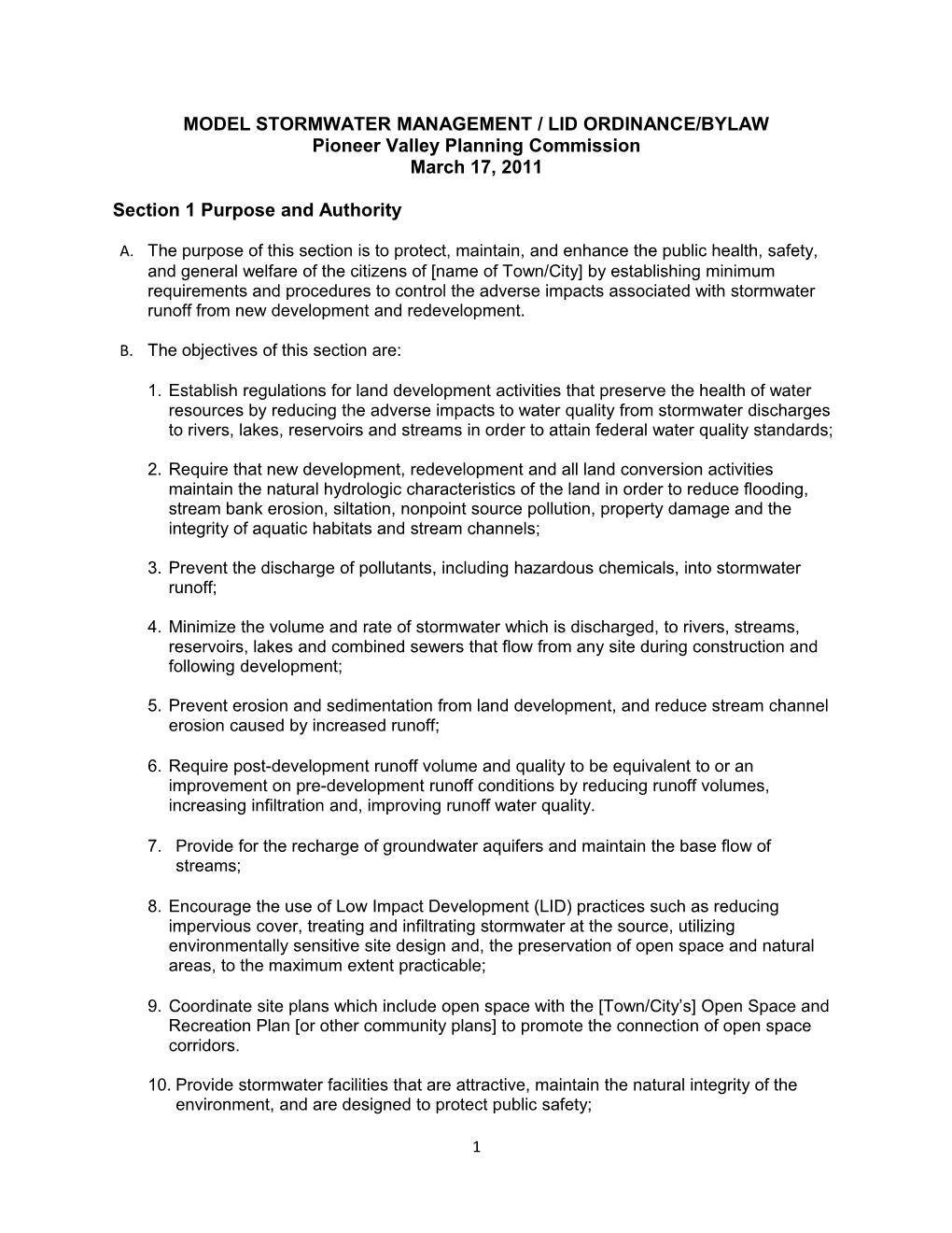 Model Stormwater Management/ Lid Ordinance/Bylaw