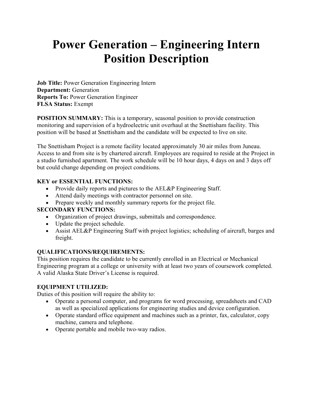 Power Generation Engineering Intern