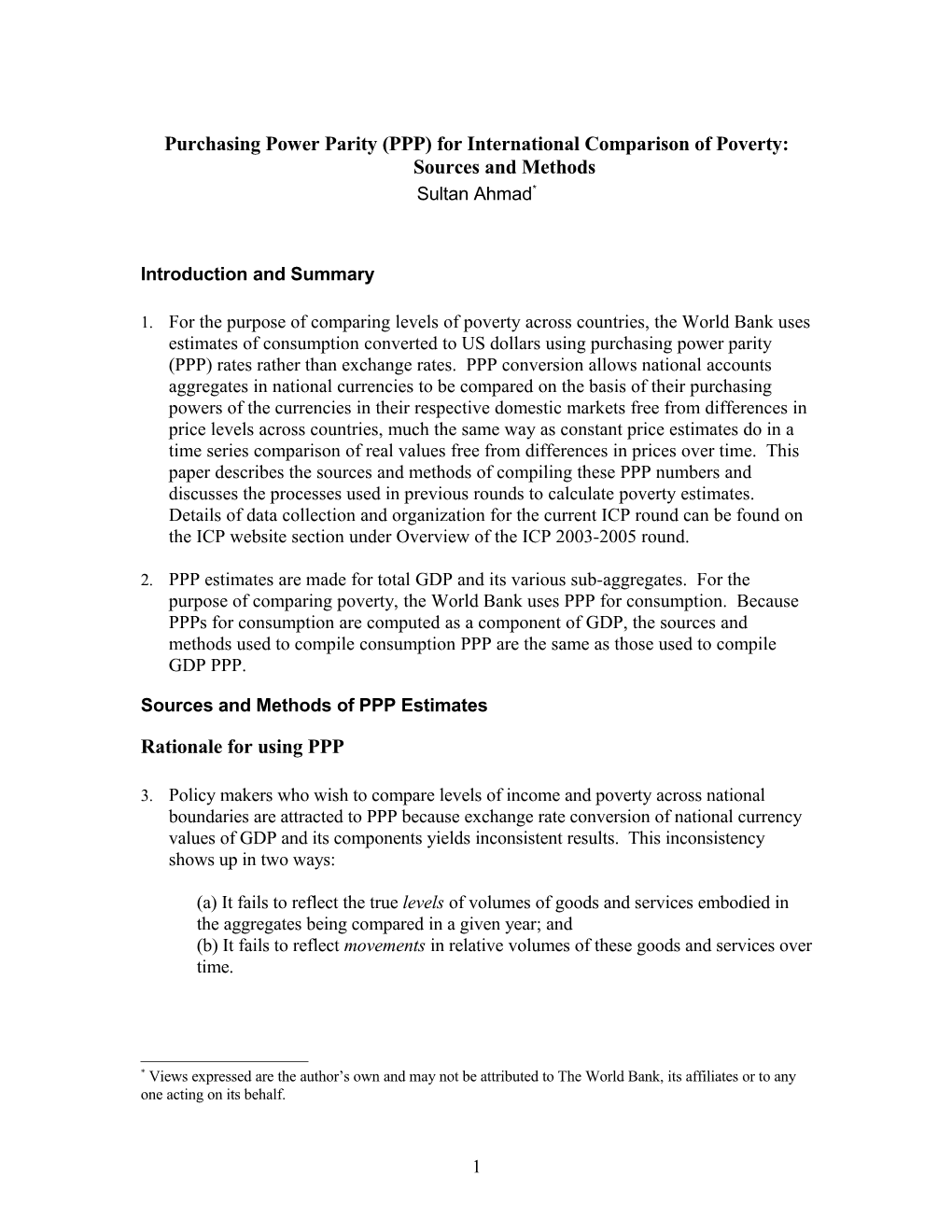 Purchasing Power Parity (PPP) for International Comparison of Poverty: Sources and Methods