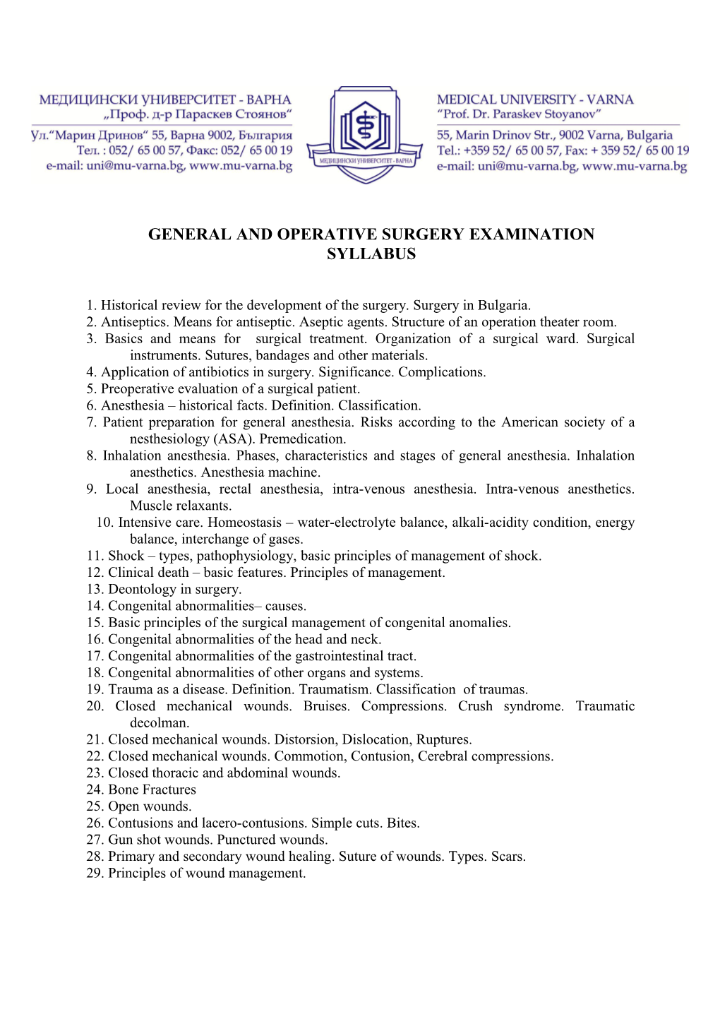 General and Operative Surgery Examination Syllabus