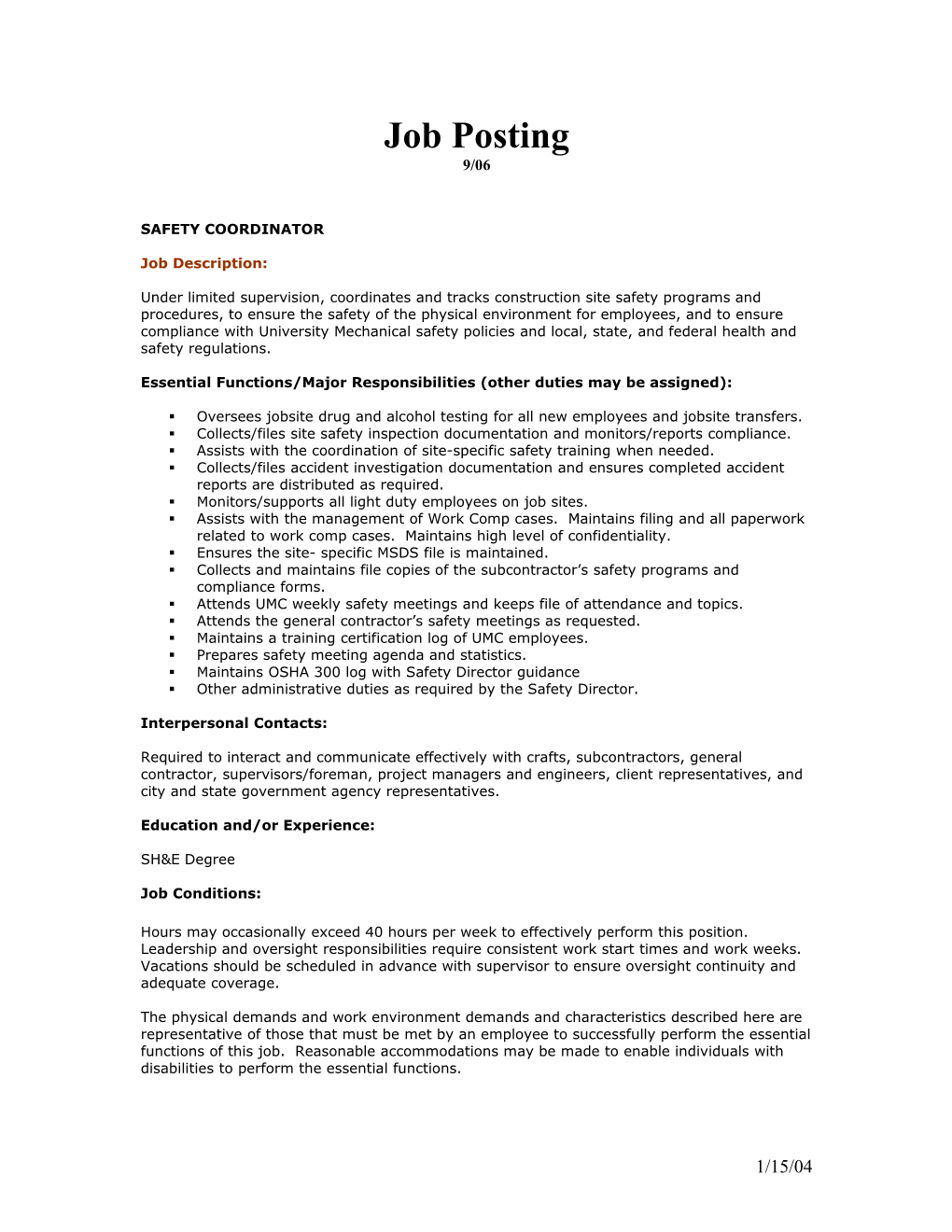 Job Description Worksheet