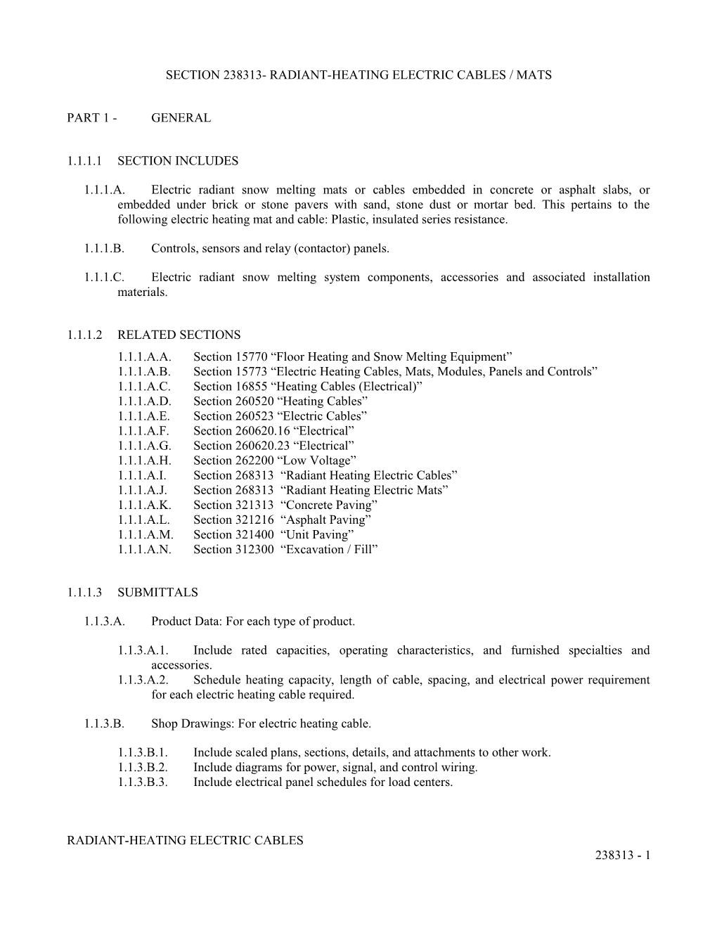 Section 238313- Radiant-Heating Electric Cables / Mats