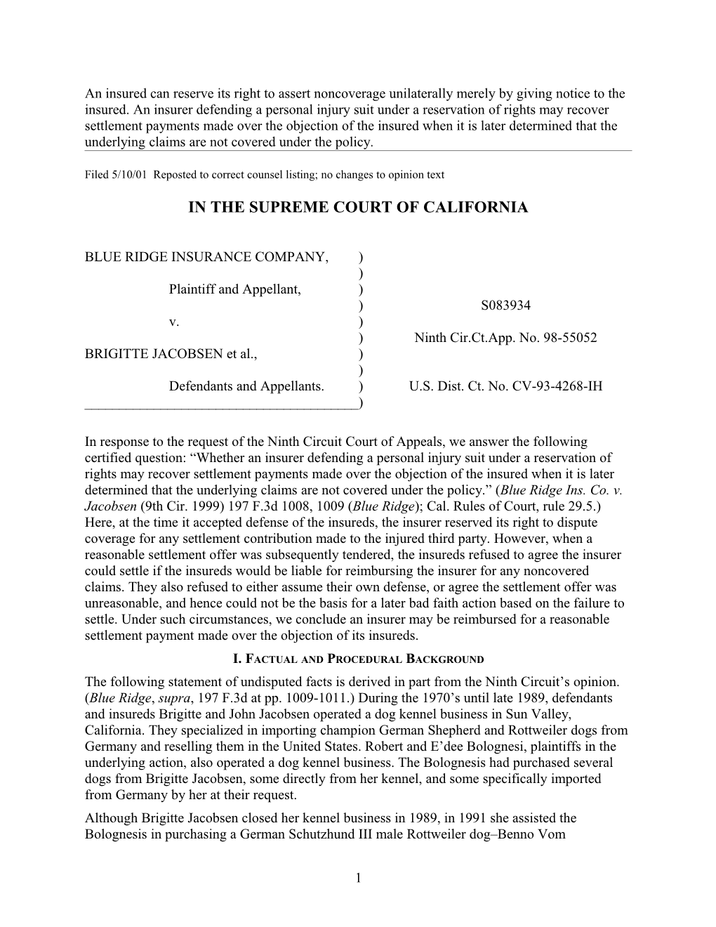 Filed 5/10/01 Reposted to Correct Counsel Listing; No Changes to Opinion Text