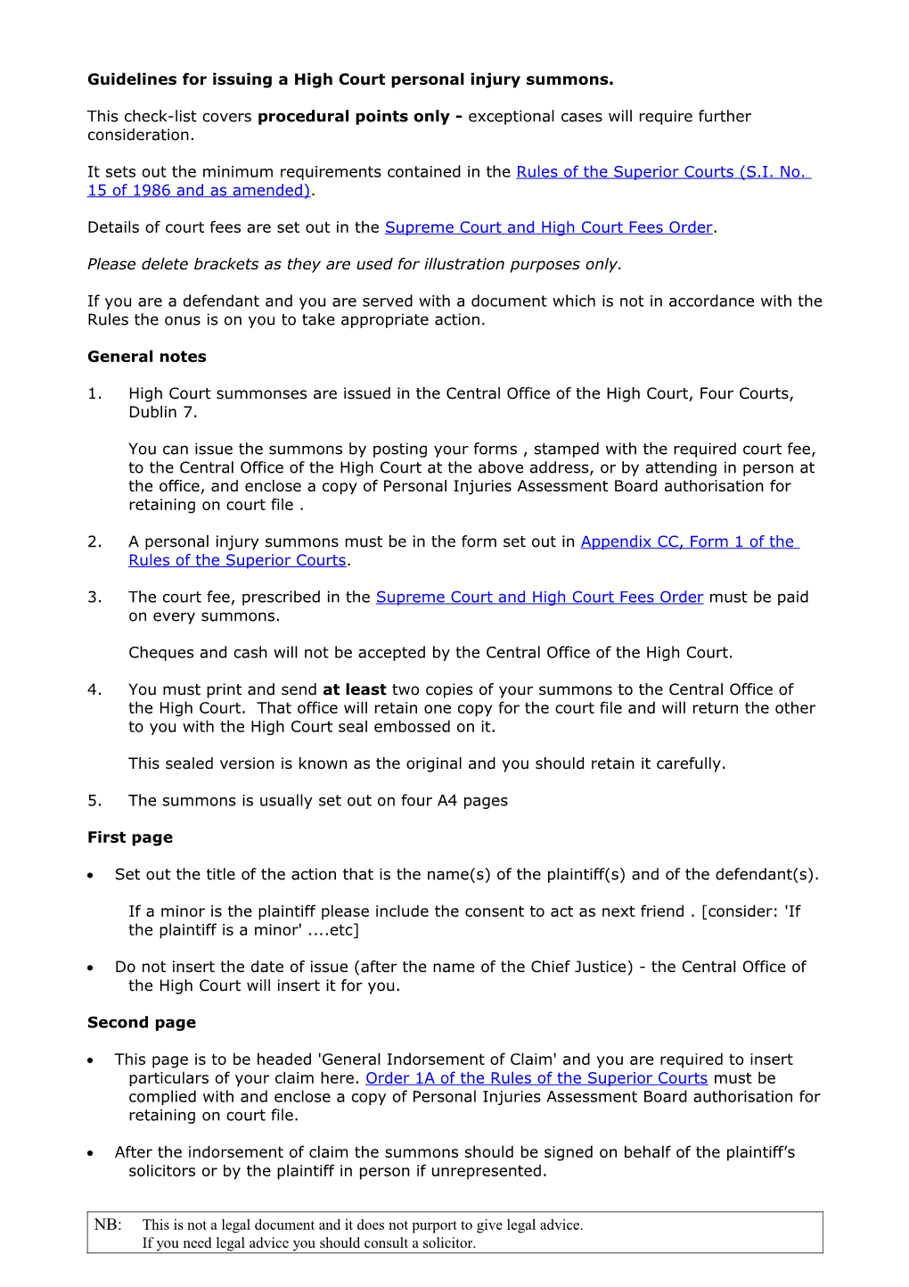 Issuing a High Court Summary Summons NB This Check-List Covers Procedural Points Only;