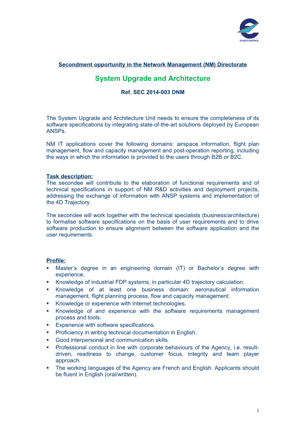 Secondment Opportunity in the Networkmanagement (NM) Directorate