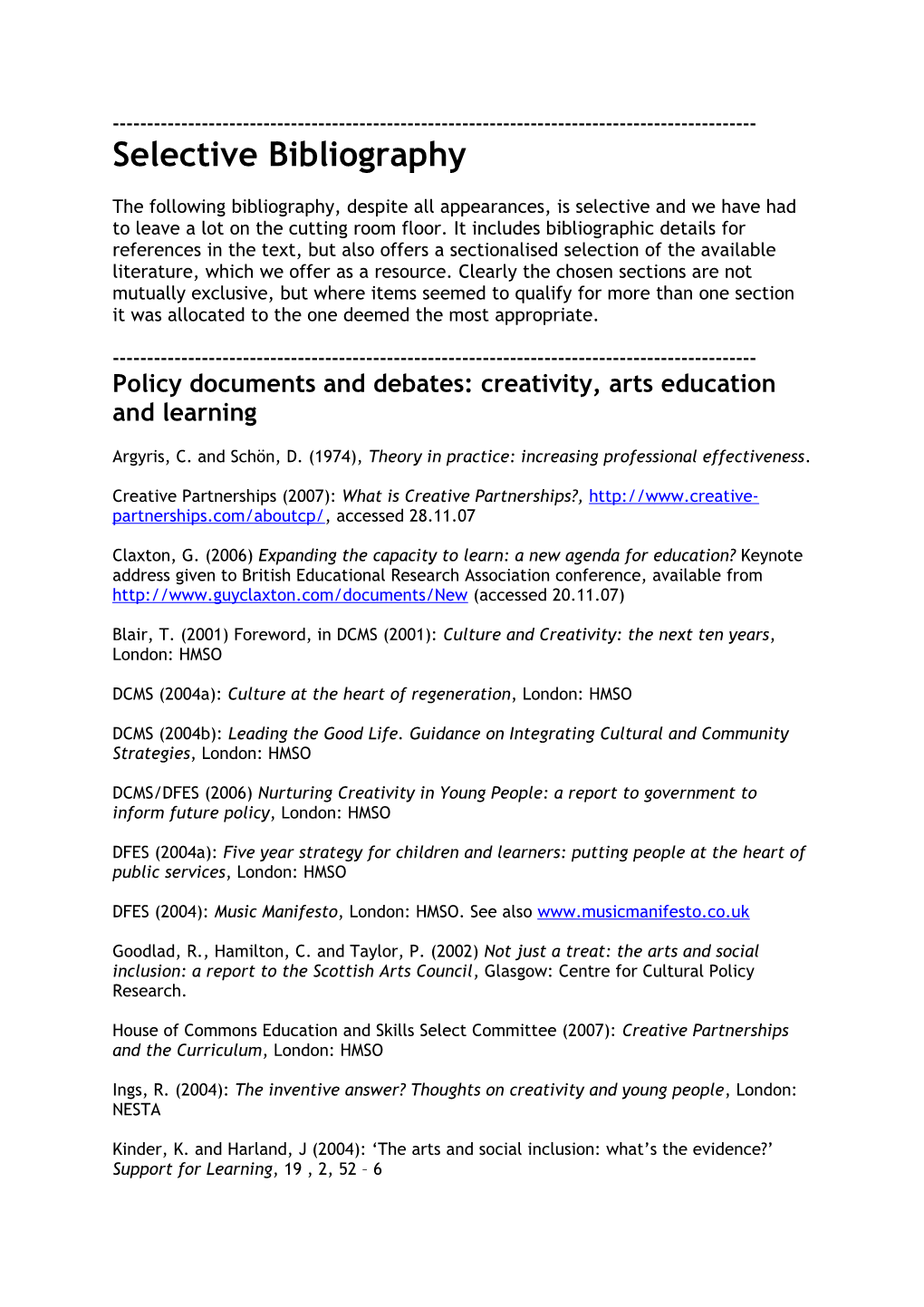 Policy Documents and Debates: Creativity, Arts Education and Learning