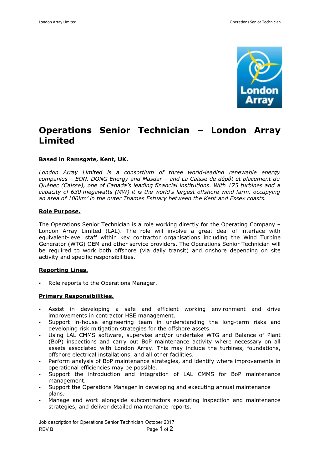 Operations Senior Technician London Array Limited