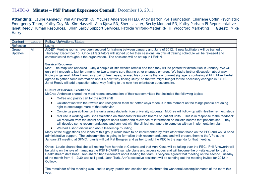 TL4EO-3 Minutes PSF Patient Experience Council: December 13, 2011