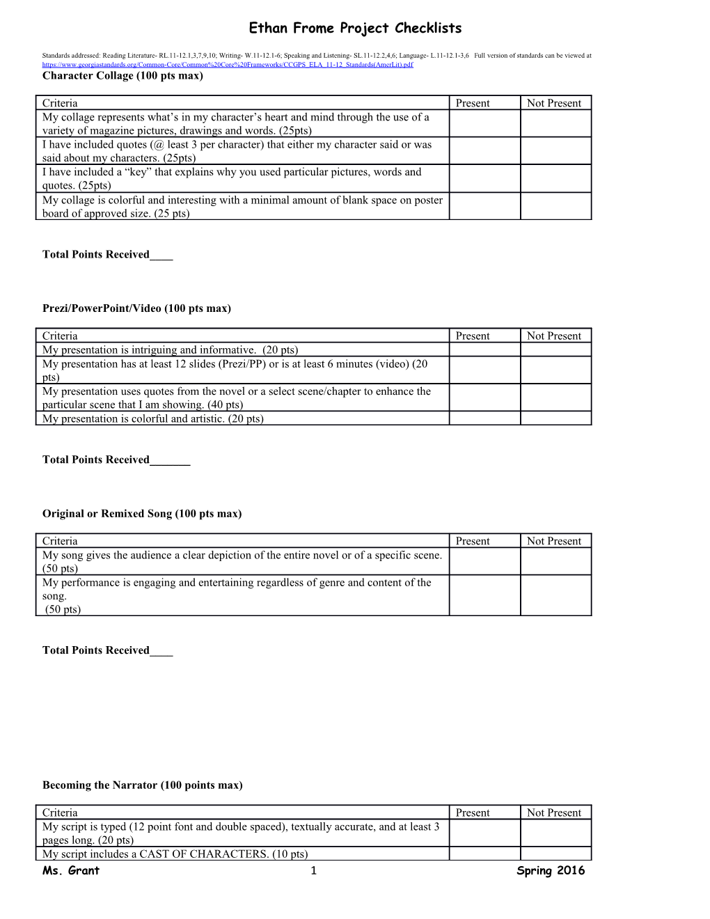 Ethan Frome Project Checklists