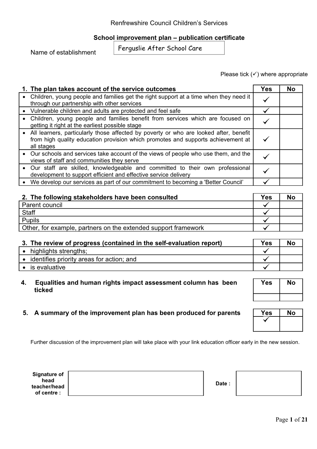 School Improvement Plan Publication Certificate