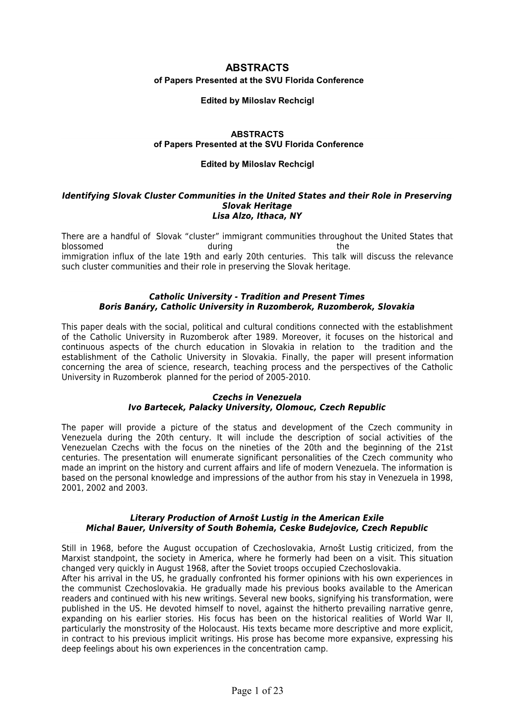Of Papers Presented at the SVU Florida Conference